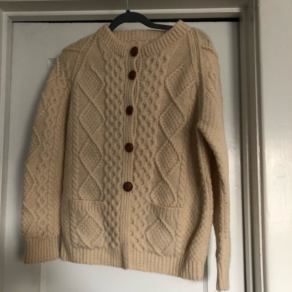 Oversized vintage cable knit button-up wool fisherman sweater